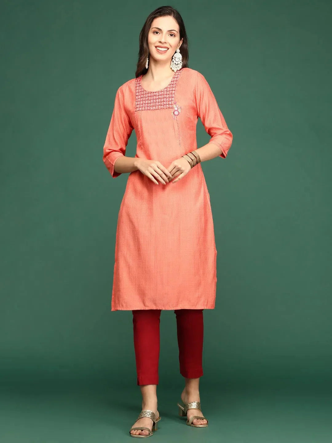 Orange Embellished Indian Kurta for Women - DesiQlo Kurtis