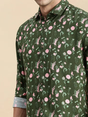 Men Green Printed Casual Shirt-GURJANPRINT-5420-Olive