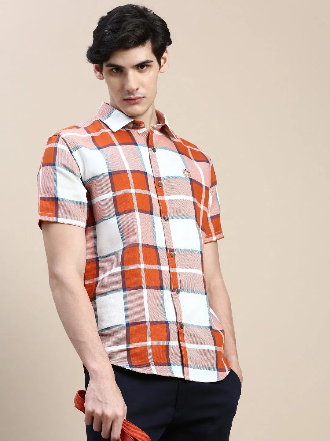 Orange Checked Mens Shirt | Cotton Casual Shirt