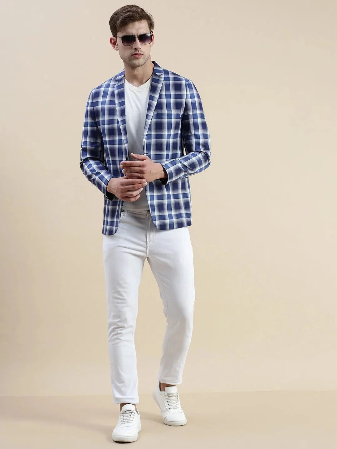 Blue Checked Cotton Blazer - Men's Ethnic Wear | DesiQlo