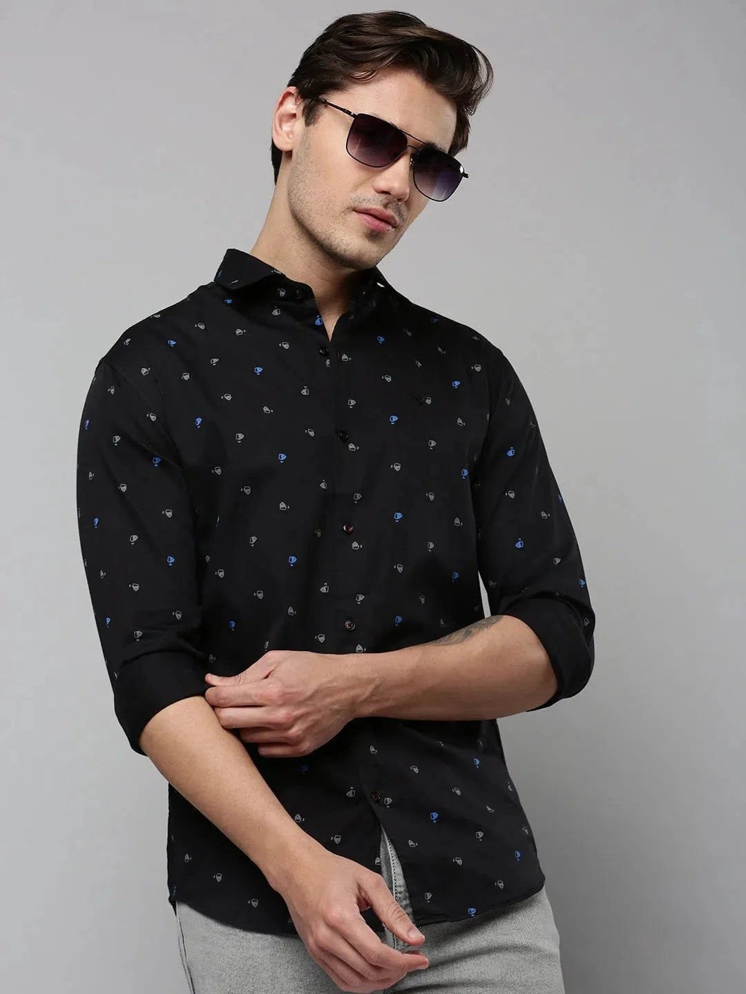 Men Black Printed Casual Shirt-TVSPRINT-4851-Black