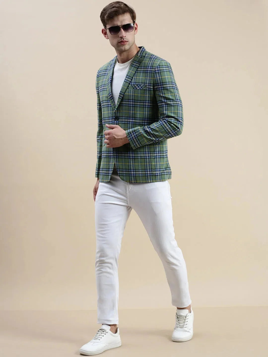 Green Checked Cotton Blazer | Trendy Men's Ethnic Wear