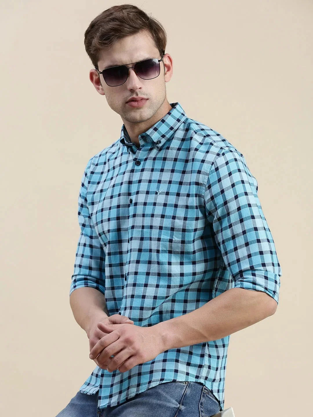 Men Blue Checked Casual Shirt-GROVER-1107-Blue