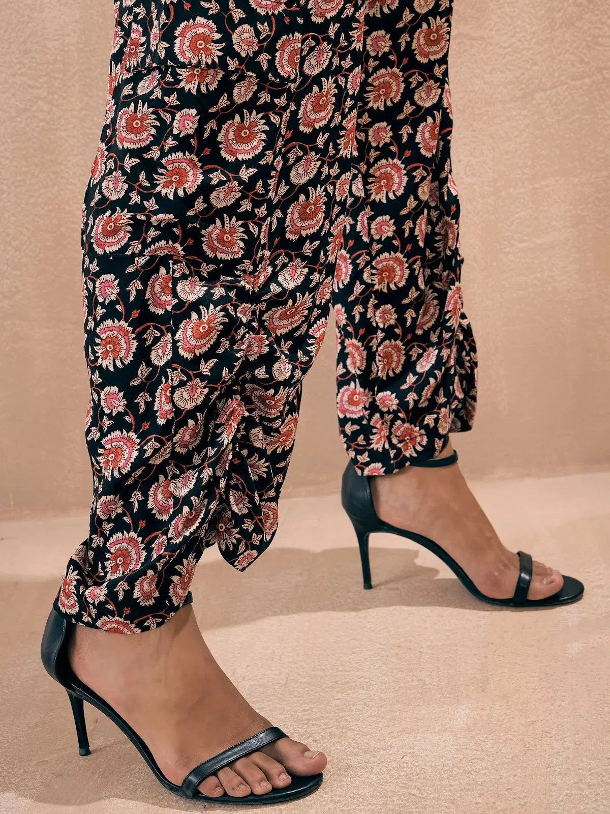 Black Floral Co Ord Sets for Women - Wrap Top & Ruched Pants