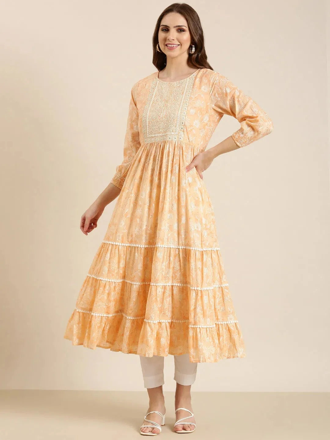 Peach Floral Cotton Anarkali Kurta | Women's Anarkali Kurti