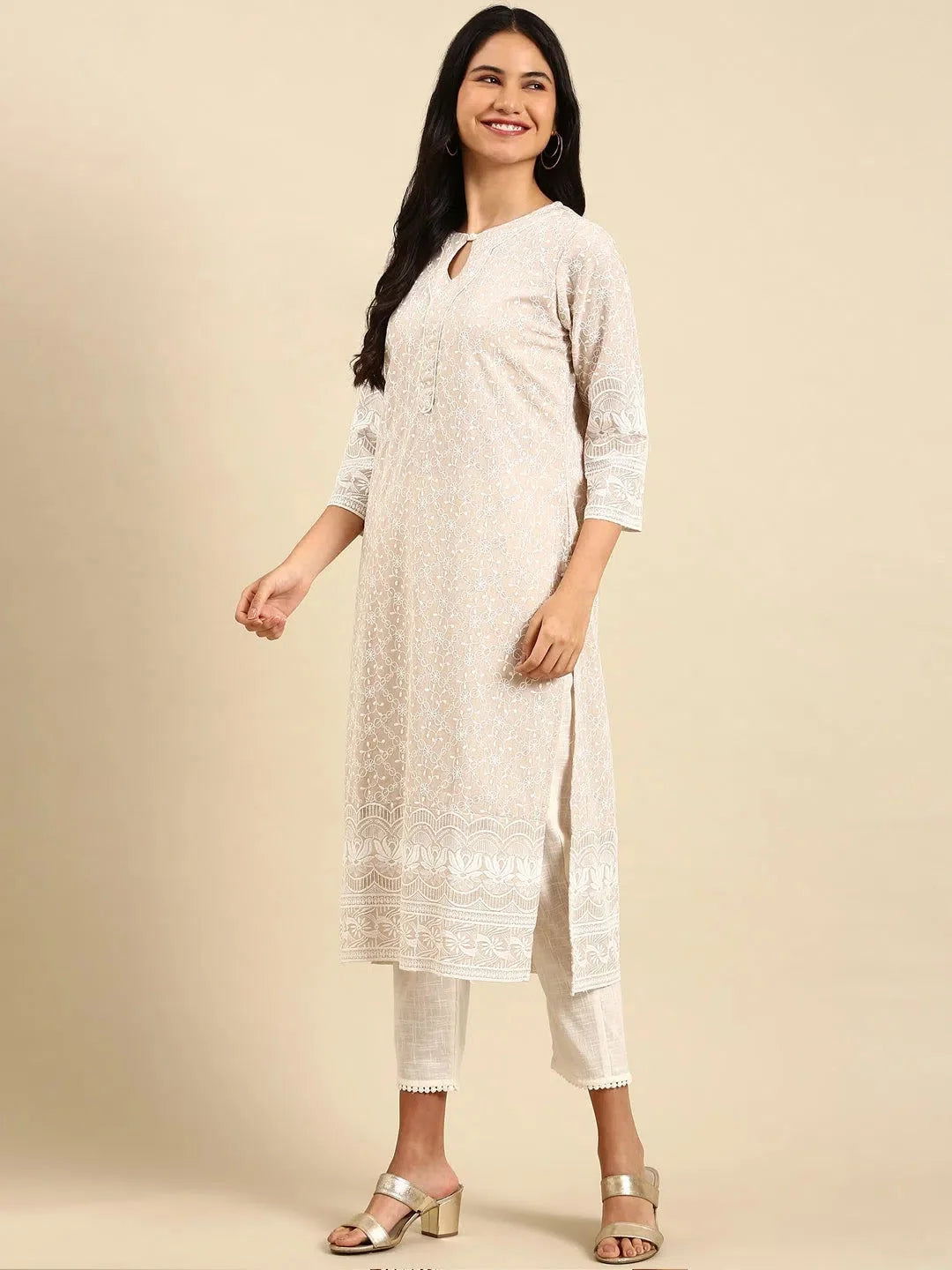 Beige Embroidered Women's Kurta Set | Indian Kurta Sets