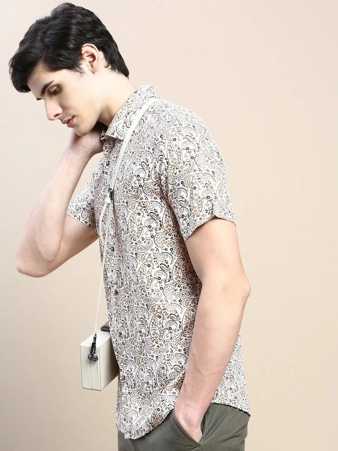 Men Cream Printed Casual Shirt-GEORGE-1625-Cream