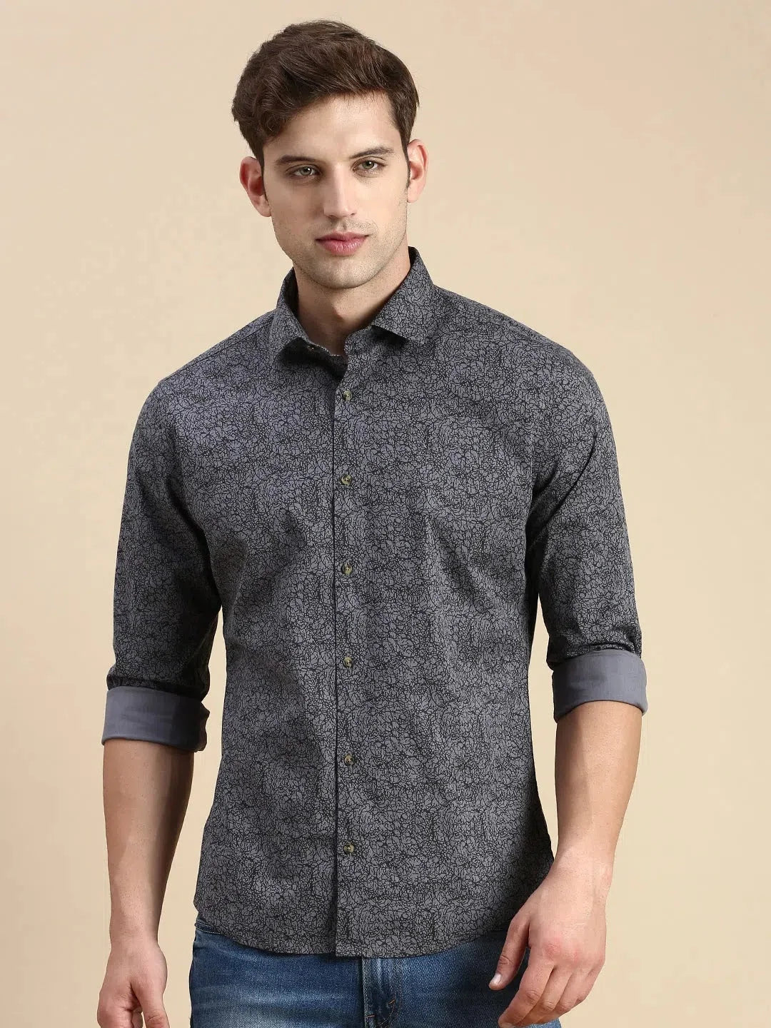 Men's Grey Printed Shirt | Casual Cotton Shirt - DesiQlo