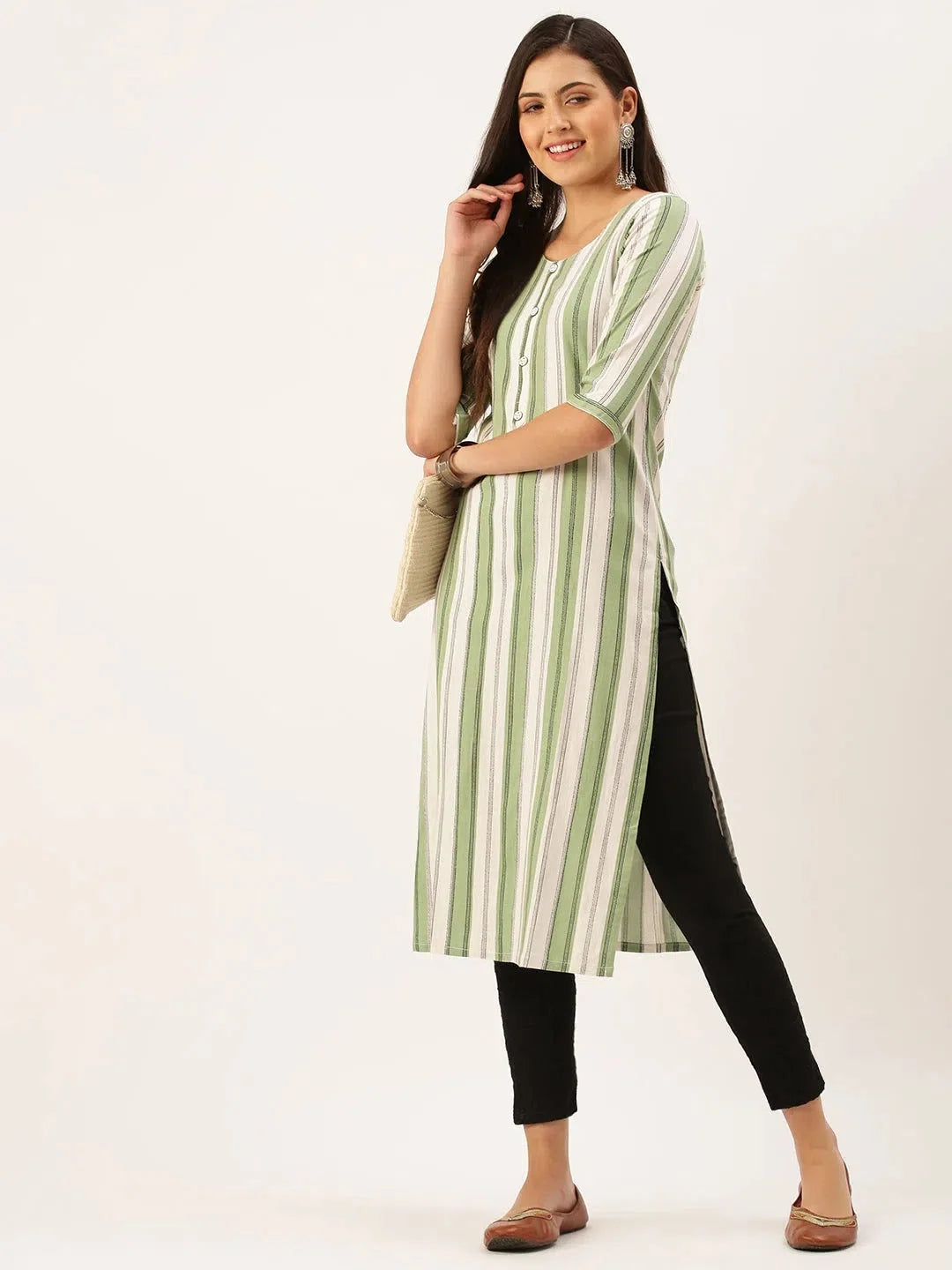 Green Striped Cotton Short Kurti for Women | DesiQlo