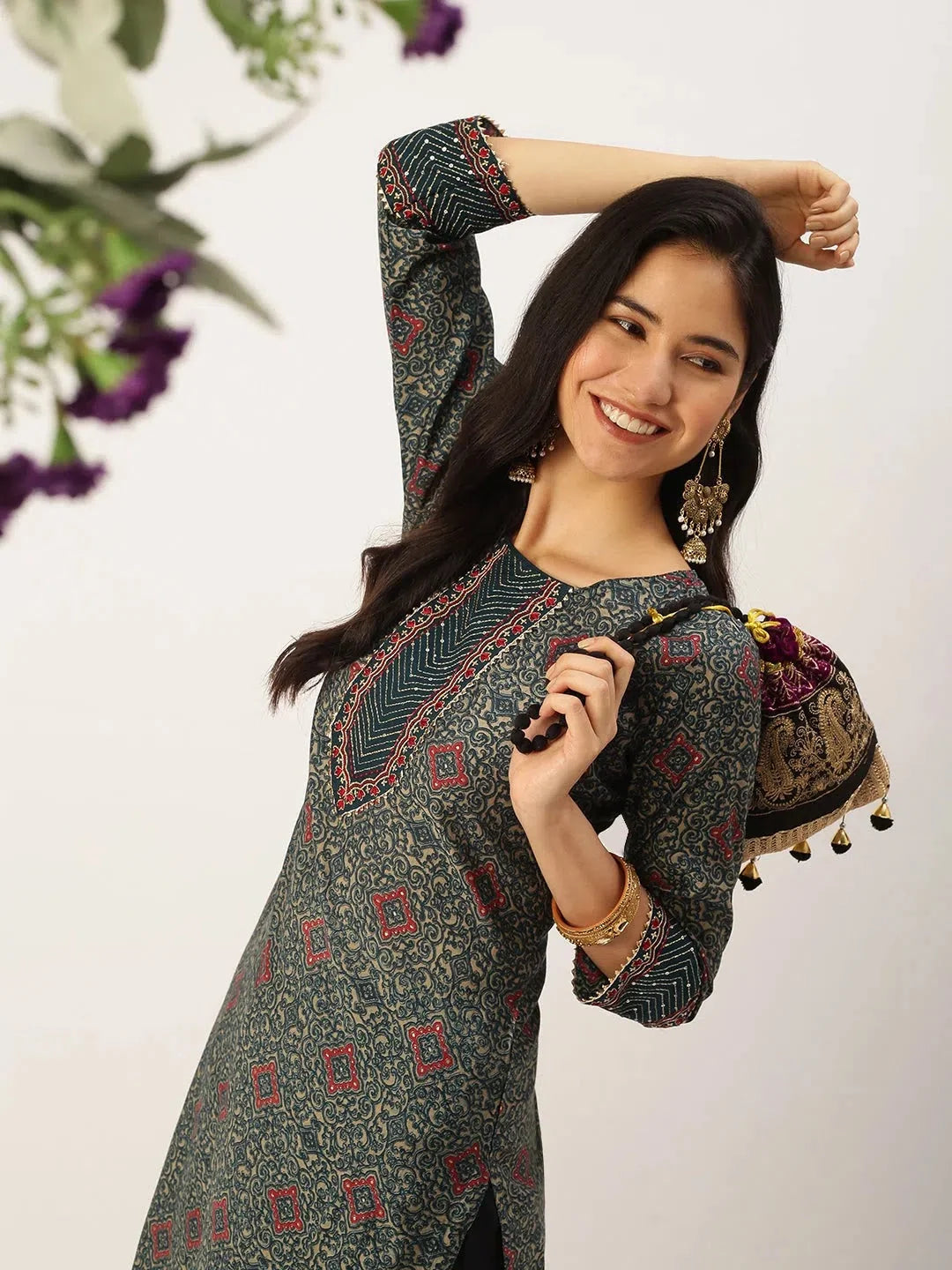 Green Printed Cotton Indian Kurta for Women | DesiQlo Fashion