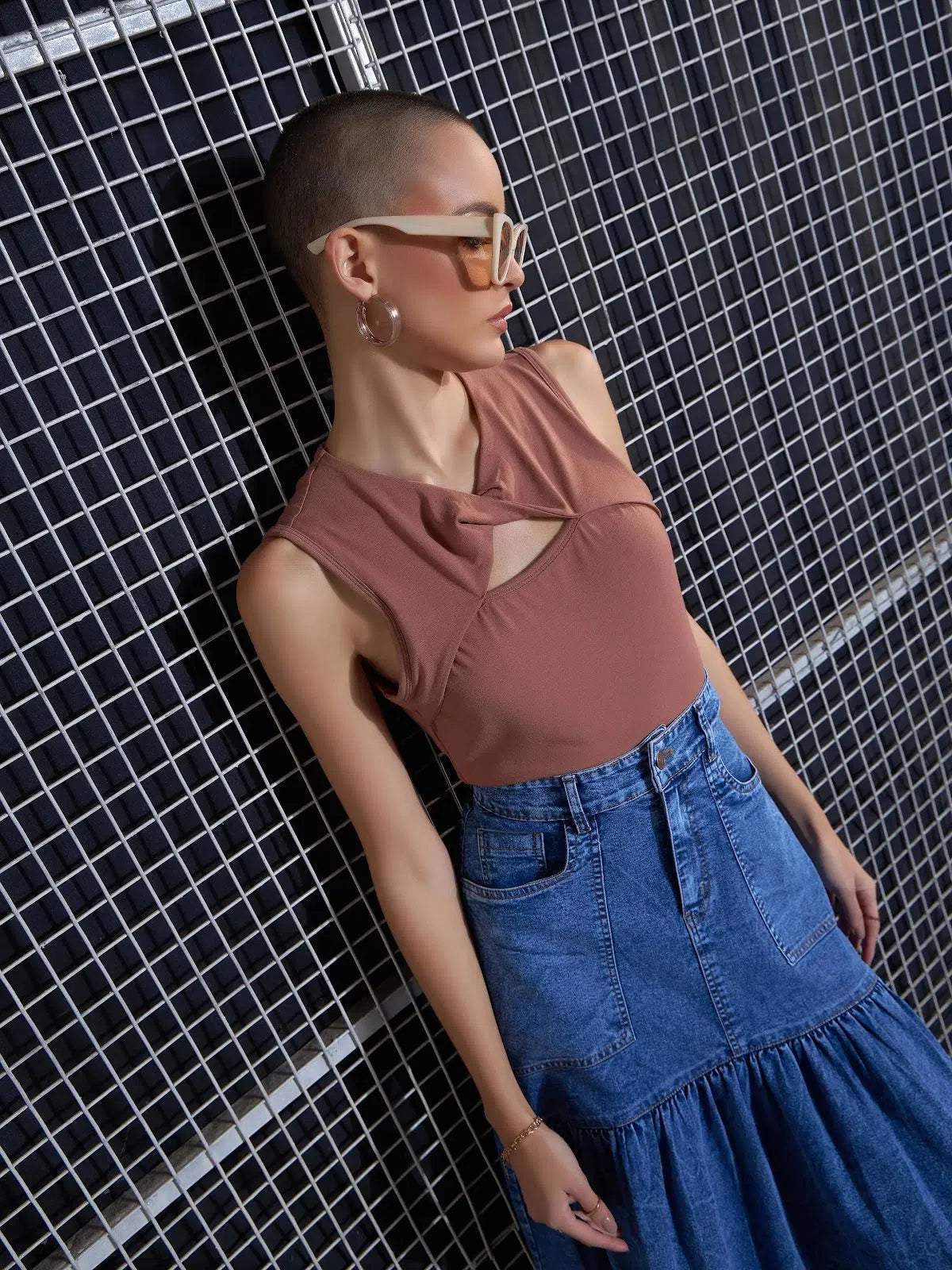 Brown Twisted Neck Top - Women's Western Wear Outfits