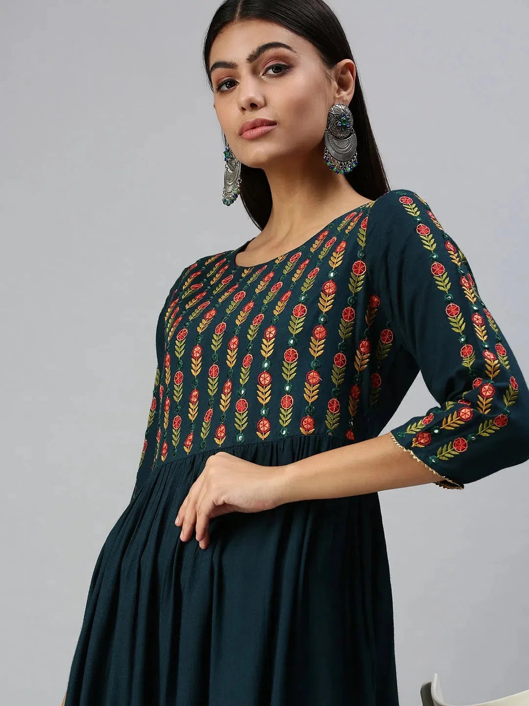 Women's Blue Floral Cotton Anarkali Kurti | DesiQlo Fashion