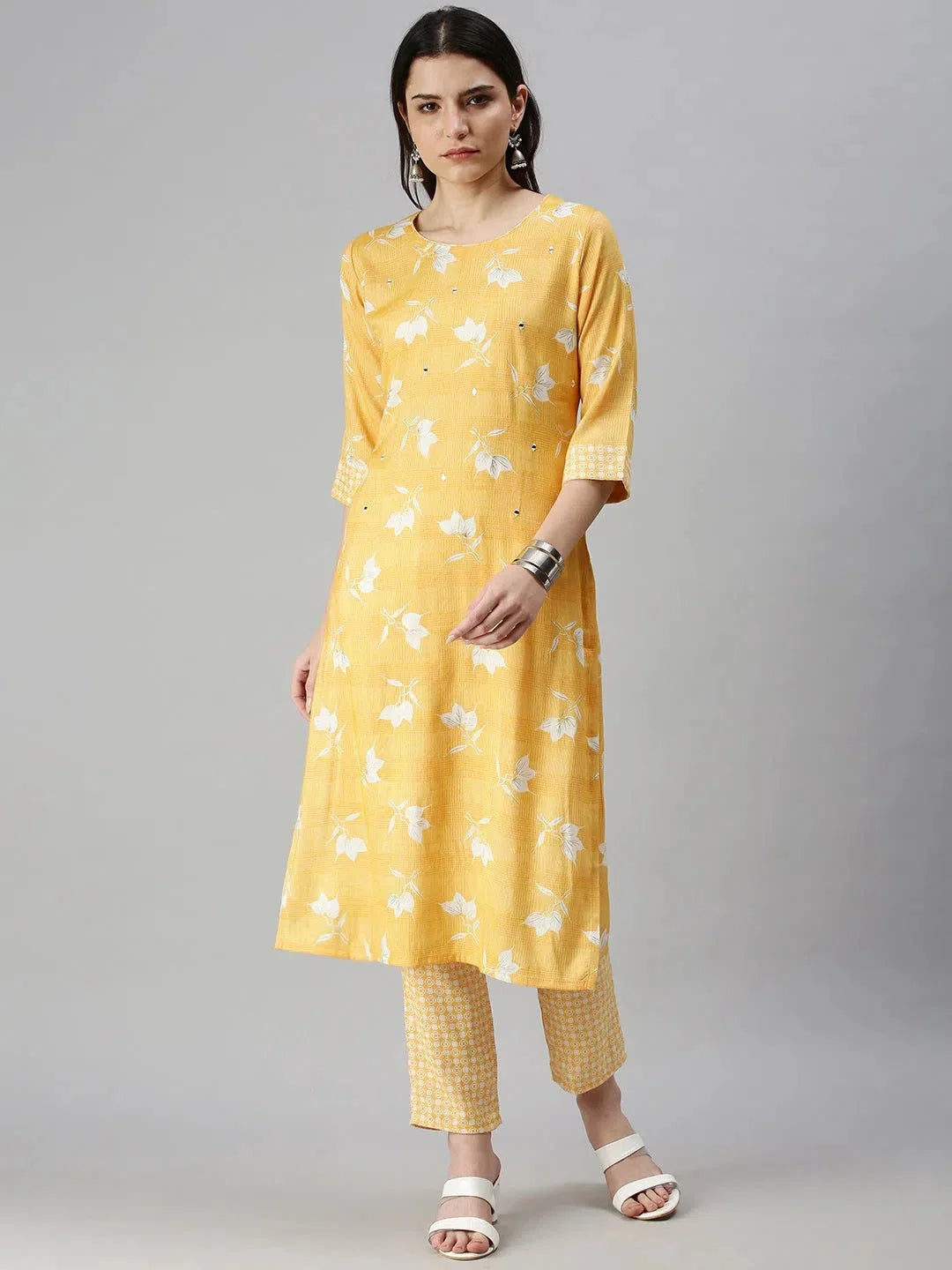 Yellow Floral Kurta Set | Designer Cotton Kurta Sets for Women