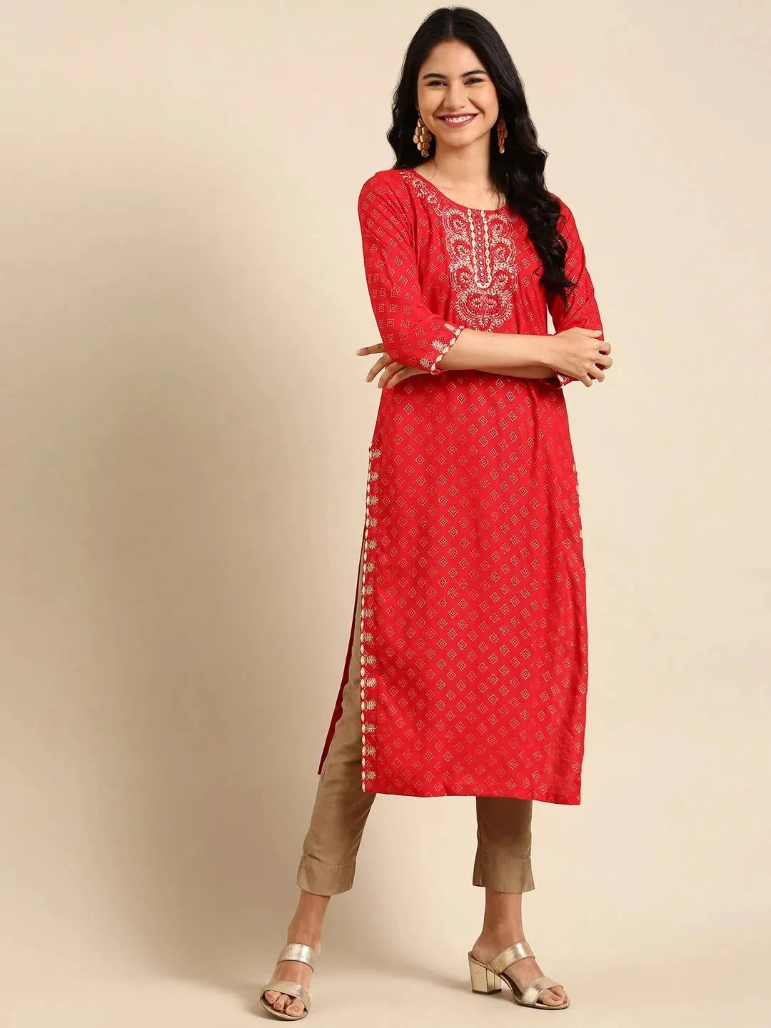 Red Embroidered Cotton Kurta | Indian Kurta Ladies Collection