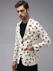 Men Beige Printed Blazer-SOBLZ-267-Cream