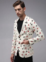 Men Beige Printed Blazer-SOBLZ-267-Cream