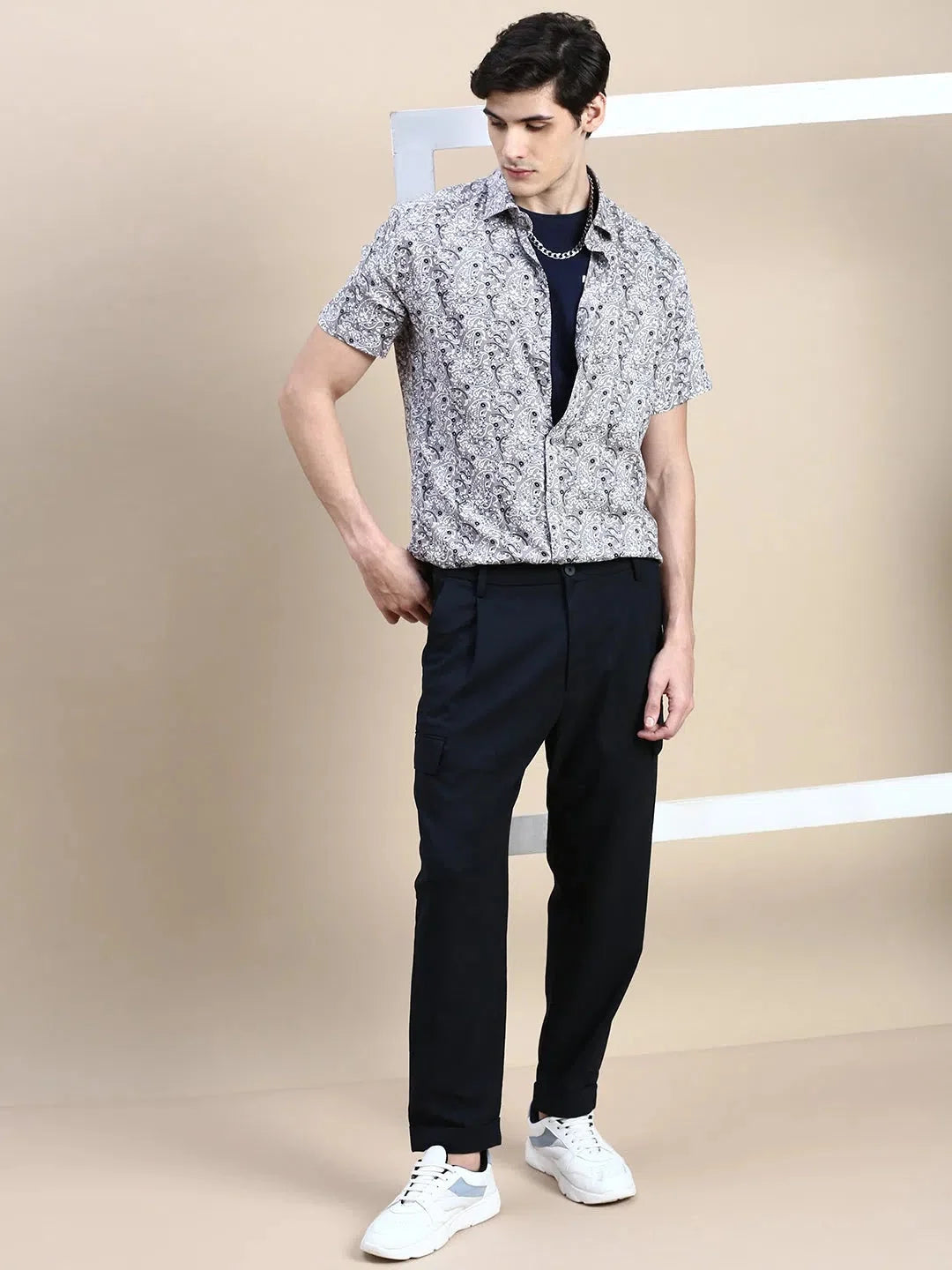 Men's Grey Ethnic Printed Cotton Shirt - Casual Mens Shirt