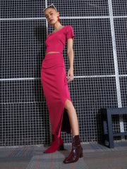 Women Magenta Rib Round Neck Top With Skirt