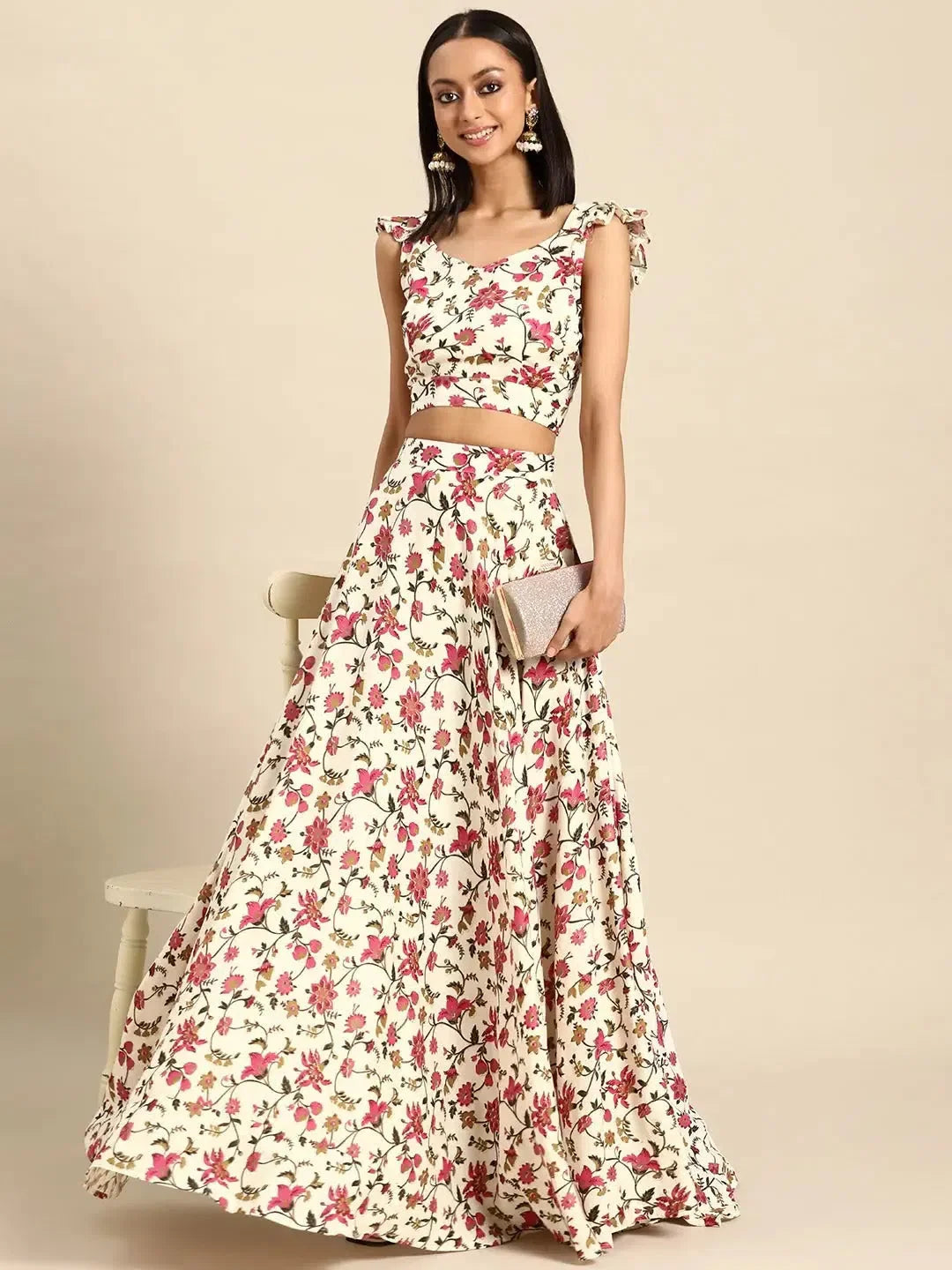 Off White Crop Top & Flared Skirt Set | Ethnic Lehenga for Women