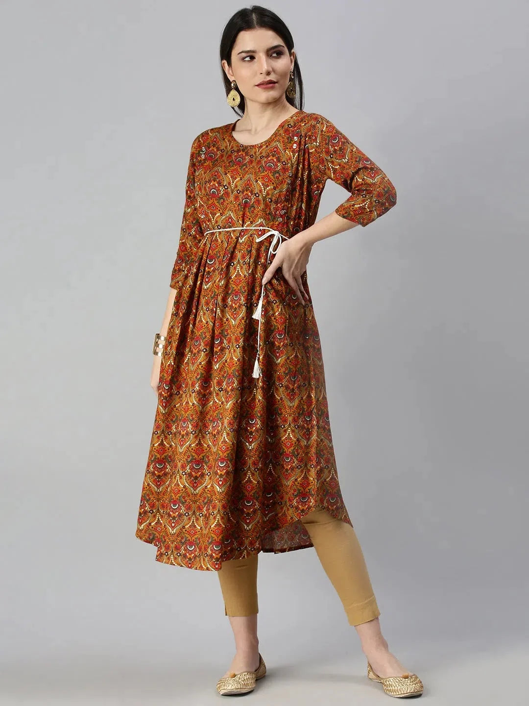 Mustard Printed A-Line Kurta - Women's Indian Kurta Online