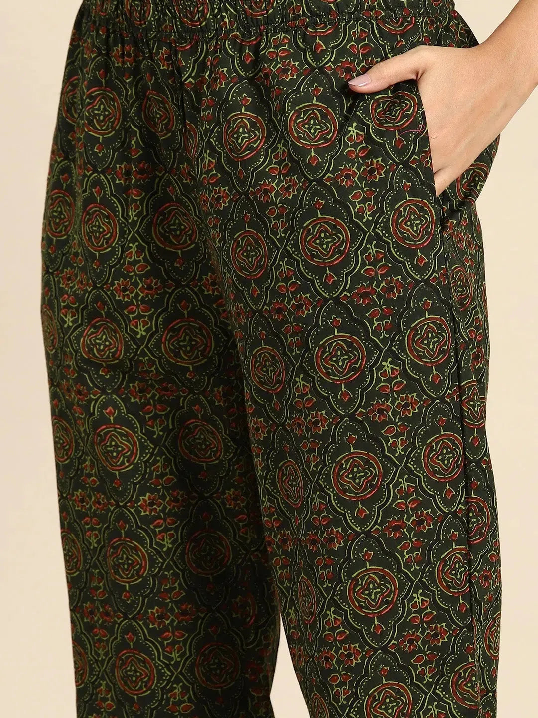 Green Ajrak Print Kurta Pyjama with Gota Work | Cotton Shirts