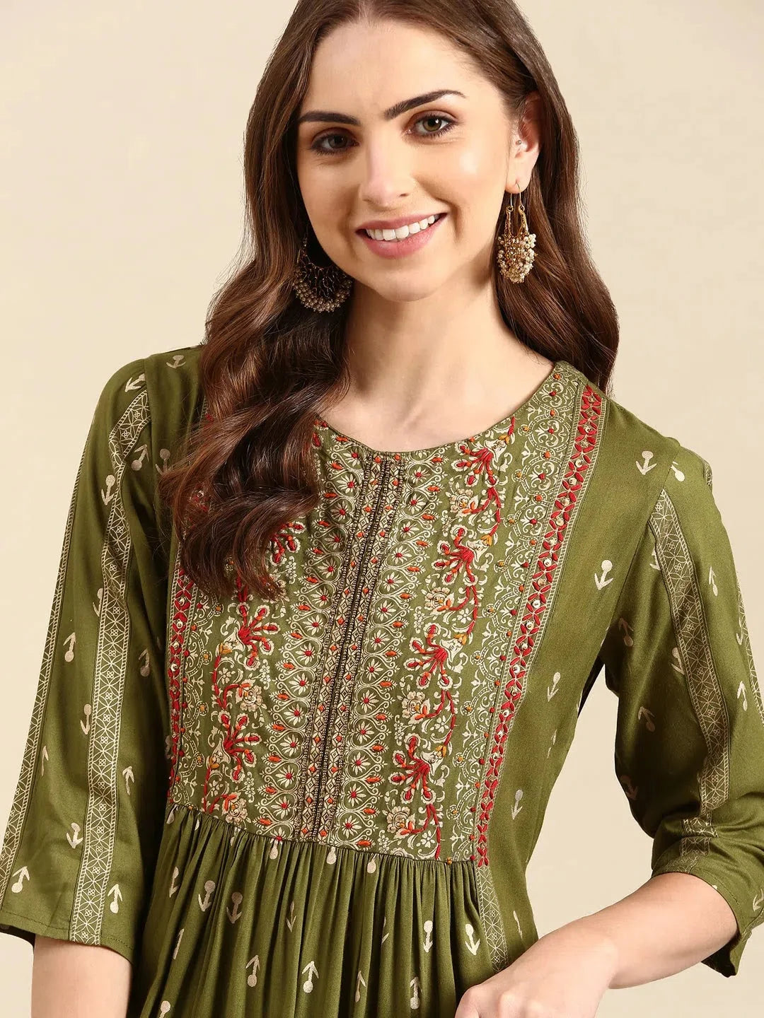 Olive Printed Anarkali Kurta for Women - Cotton Anarkali Gown
