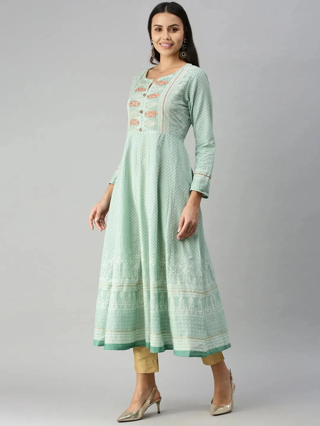 Teal Floral Anarkali Kurti - Women's Cotton Anarkali Kurtis