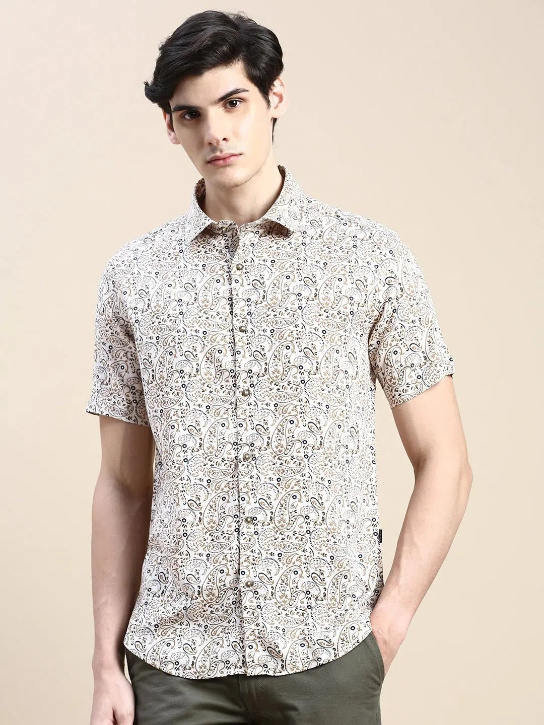 Cream Printed Cotton Mens Shirt | DesiQlo Casual Shirt