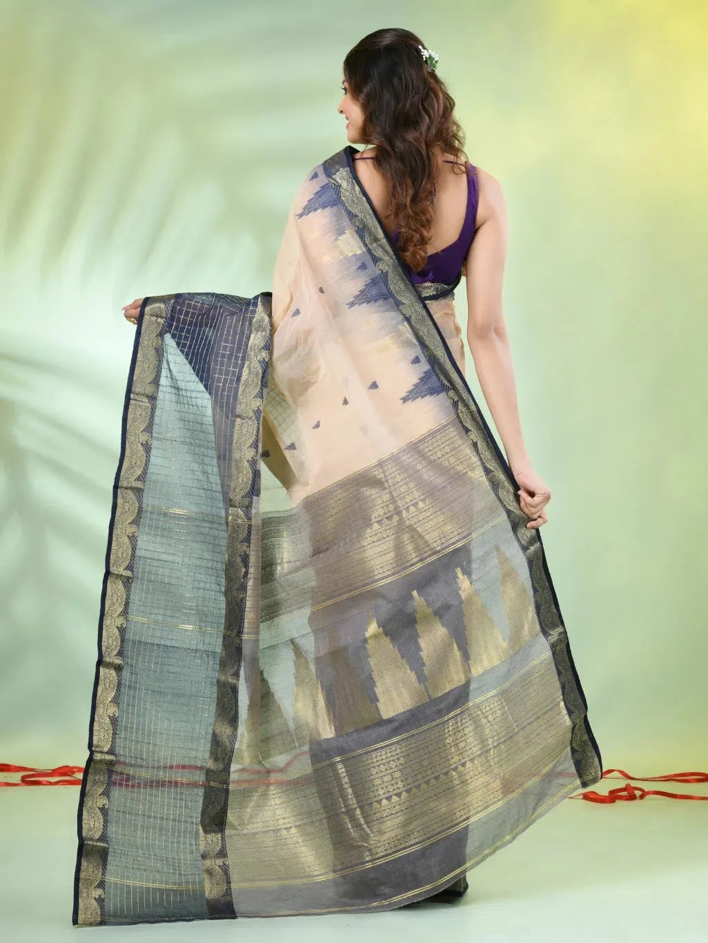 Beige Cotton Handwoven Indian Sari with Zari