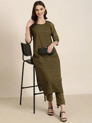 Women Olive Textured Kurta SetKC-1215-Olive