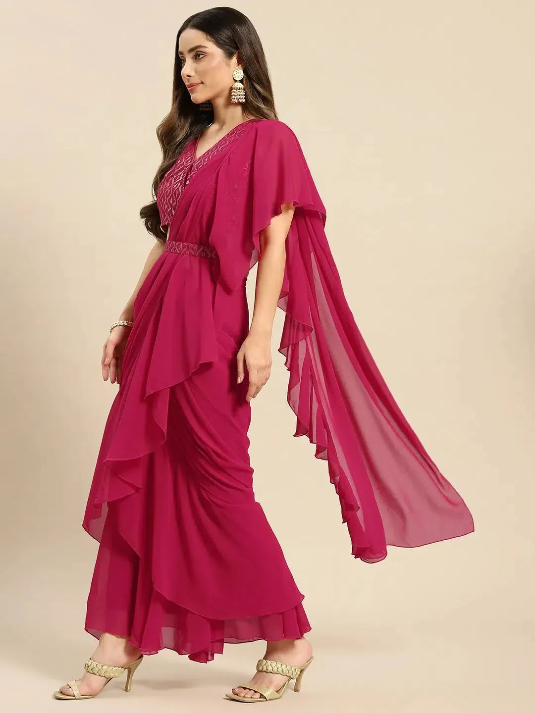 Magenta Frill Gown with Blouse - Traditional Indian Lehenga