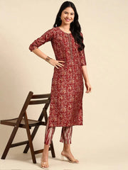 Women's Red Printed Kurta SetKC-3370A-Maroon
