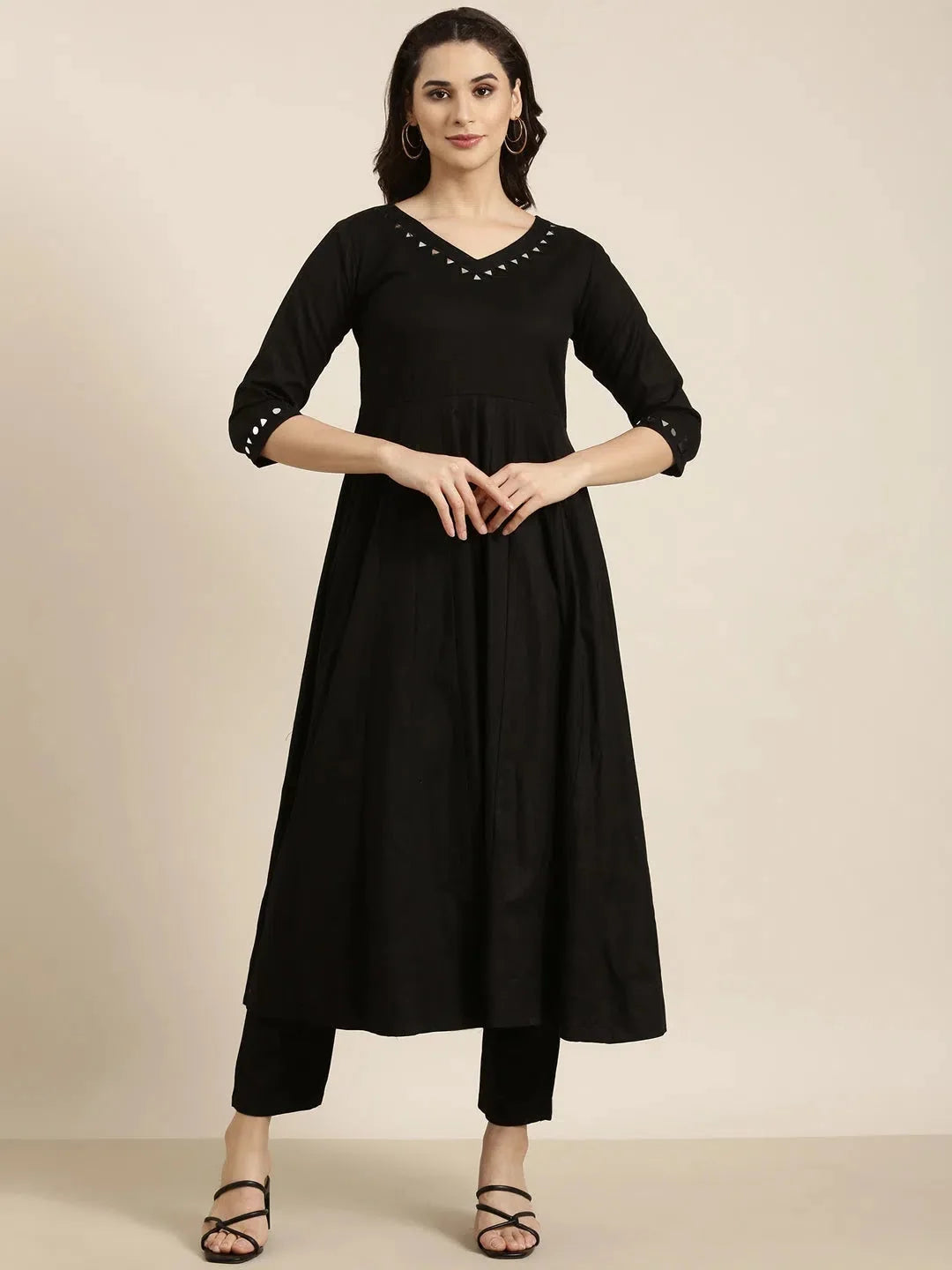 Classic Black Solid Cotton Anarkali Kurta and Trousers Set