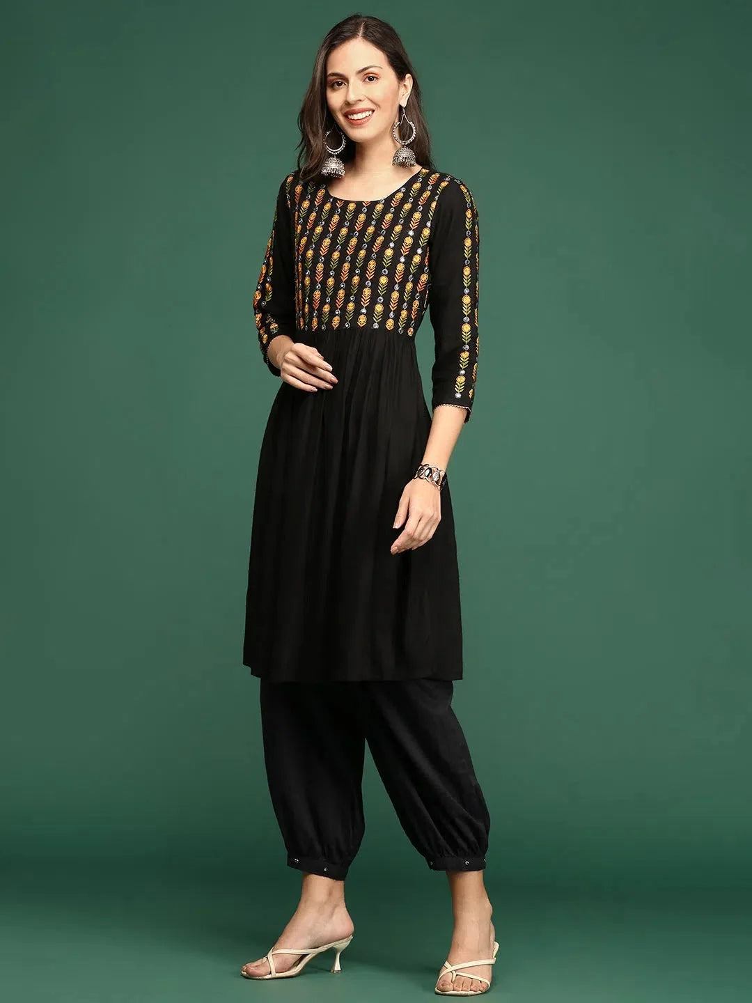 Black Embroidered Anarkali Kurta - Women's Cotton Anarkali Dress