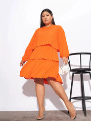 Women Orange Pleated Skater Tiered Dress