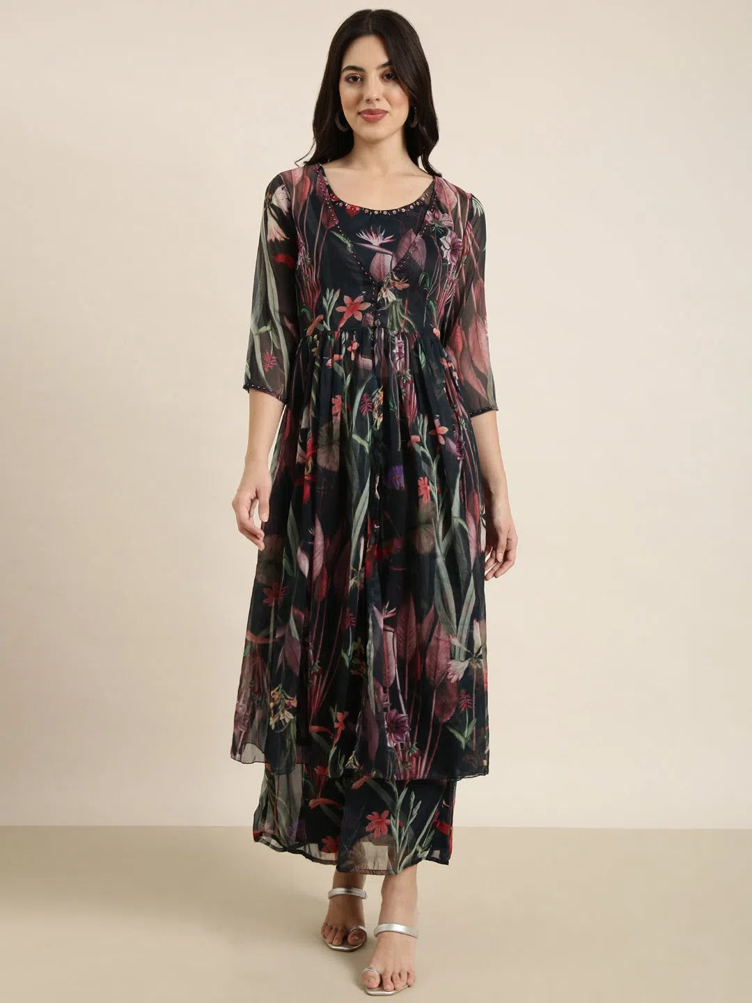 Teal Oversized Printed Palazzo Pants Set with Jacket