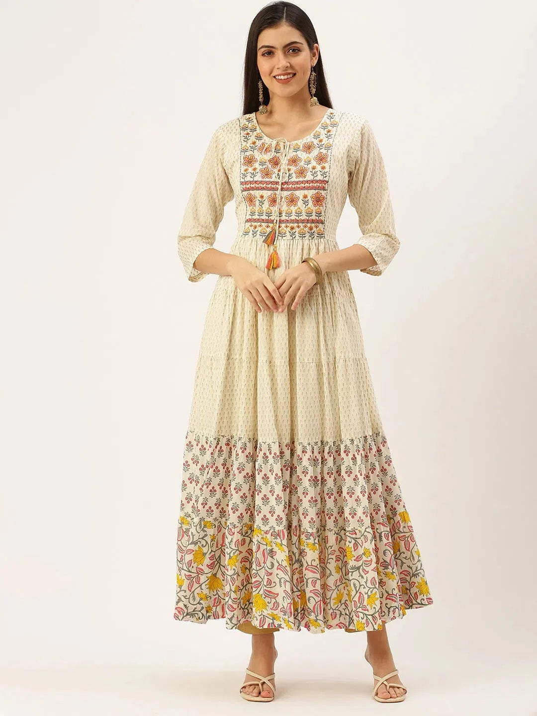Beige Printed Cotton Anarkali Kurti for Women | DesiQlo