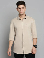 Men Beige Solid Casual Shirt-CARLOKNITS-3227-Tan