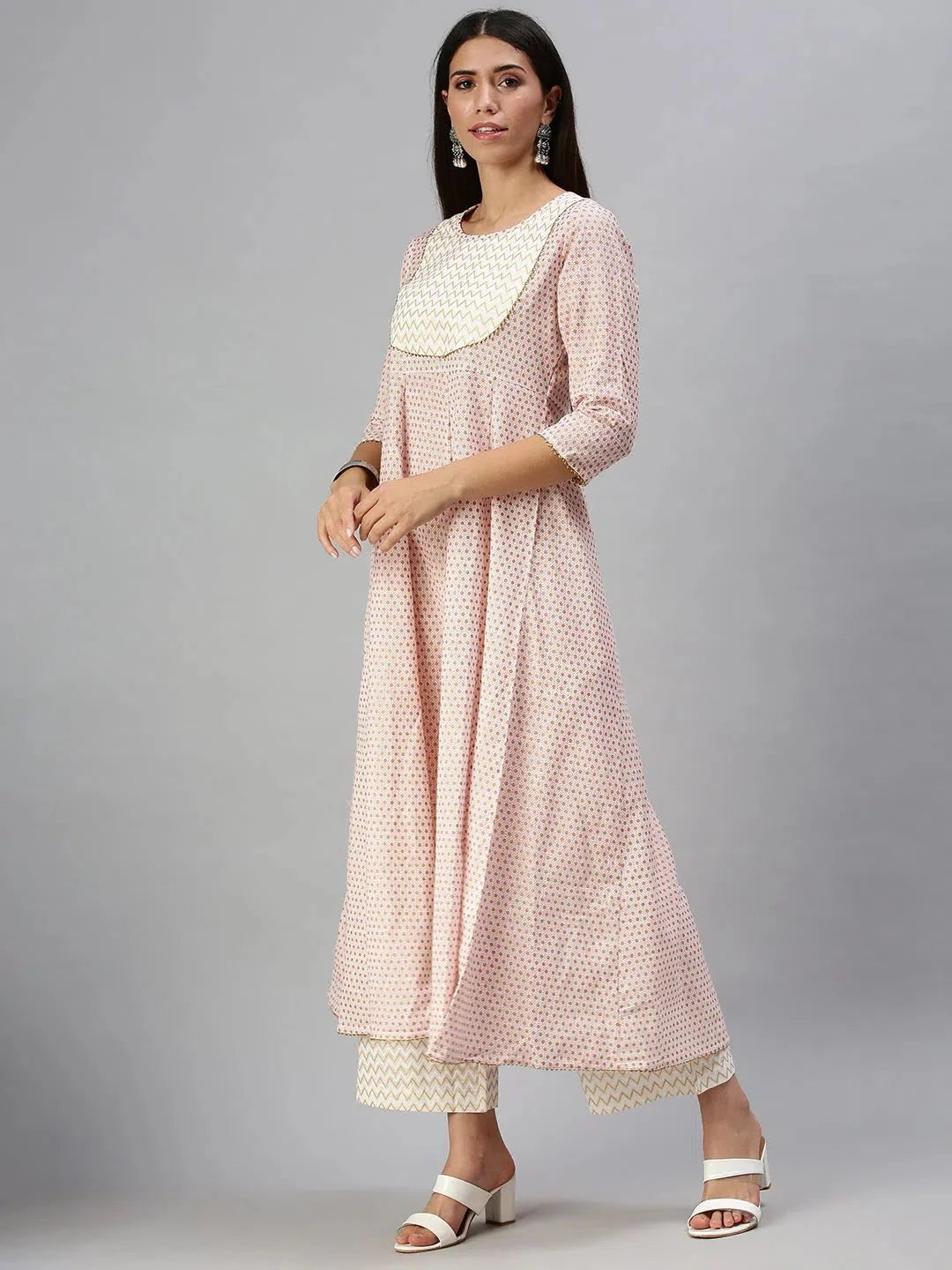 White & Pink Printed Kurta Set - Women's Indian Kurta