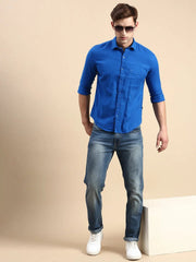Men Blue Solid Casual Shirt-ALONZOPLAIN-5250-Blue