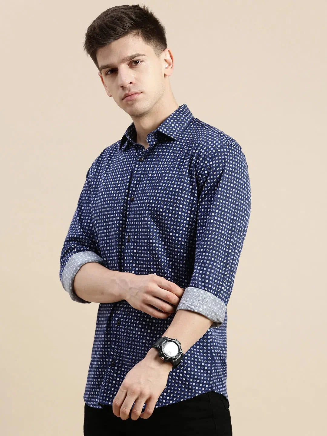 Navy Geometrical Mens Shirt - Cotton Printed Shirt | DesiQlo