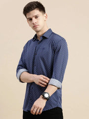 Men Navy Geometrical Casual Shirt-CELLOKNITS-4986-Navyblue