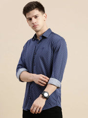 Men Navy Geometrical Casual Shirt-CELLOKNITS-4986-Navyblue
