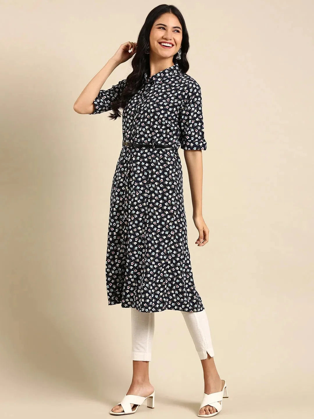Navy Blue Printed Kurta - Women's Indian Kurtas Online