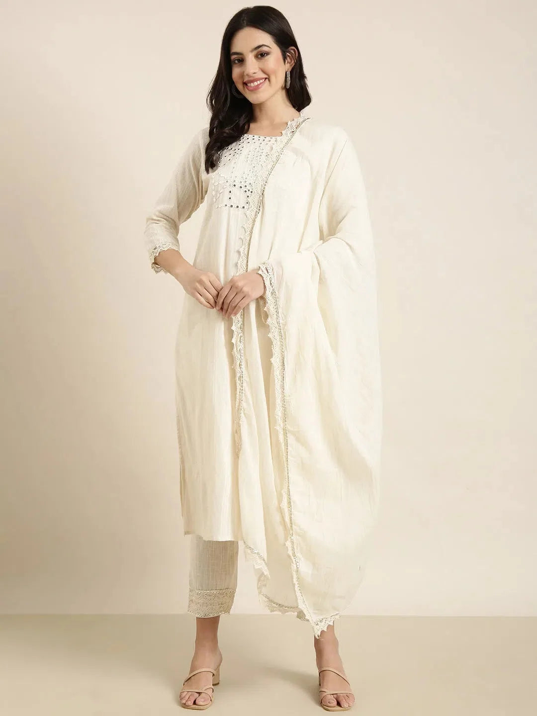 Cream Solid Kurta Set with Dupatta | Women's Indian Kurta Sets