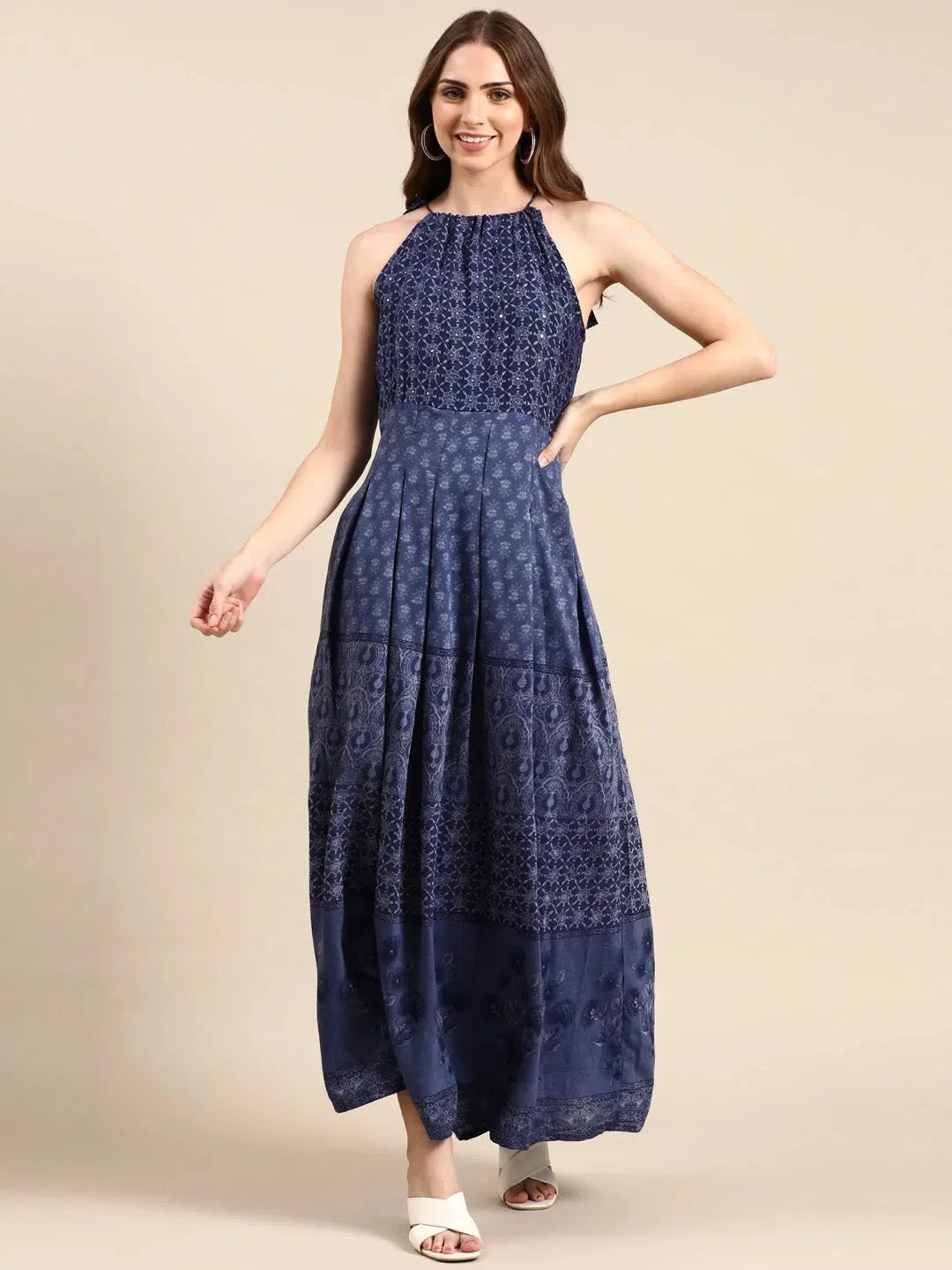 Navy Blue Printed Anarkali Kurti - Women's Viscose Anarkali