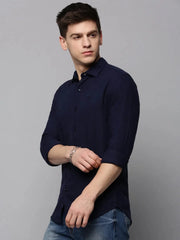 Men Navy Solid Casual Shirt-HARDIKPURELINEN-3420-Navyblue