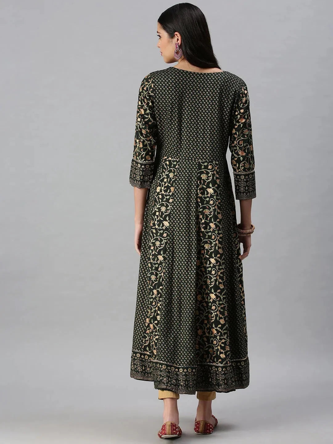 Green & Gold Printed Anarkali Kurta | Anarkali Gown for Women