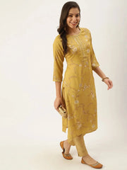 Women's Yellow Printed Straight Kurtas-HO-1450-Mustard