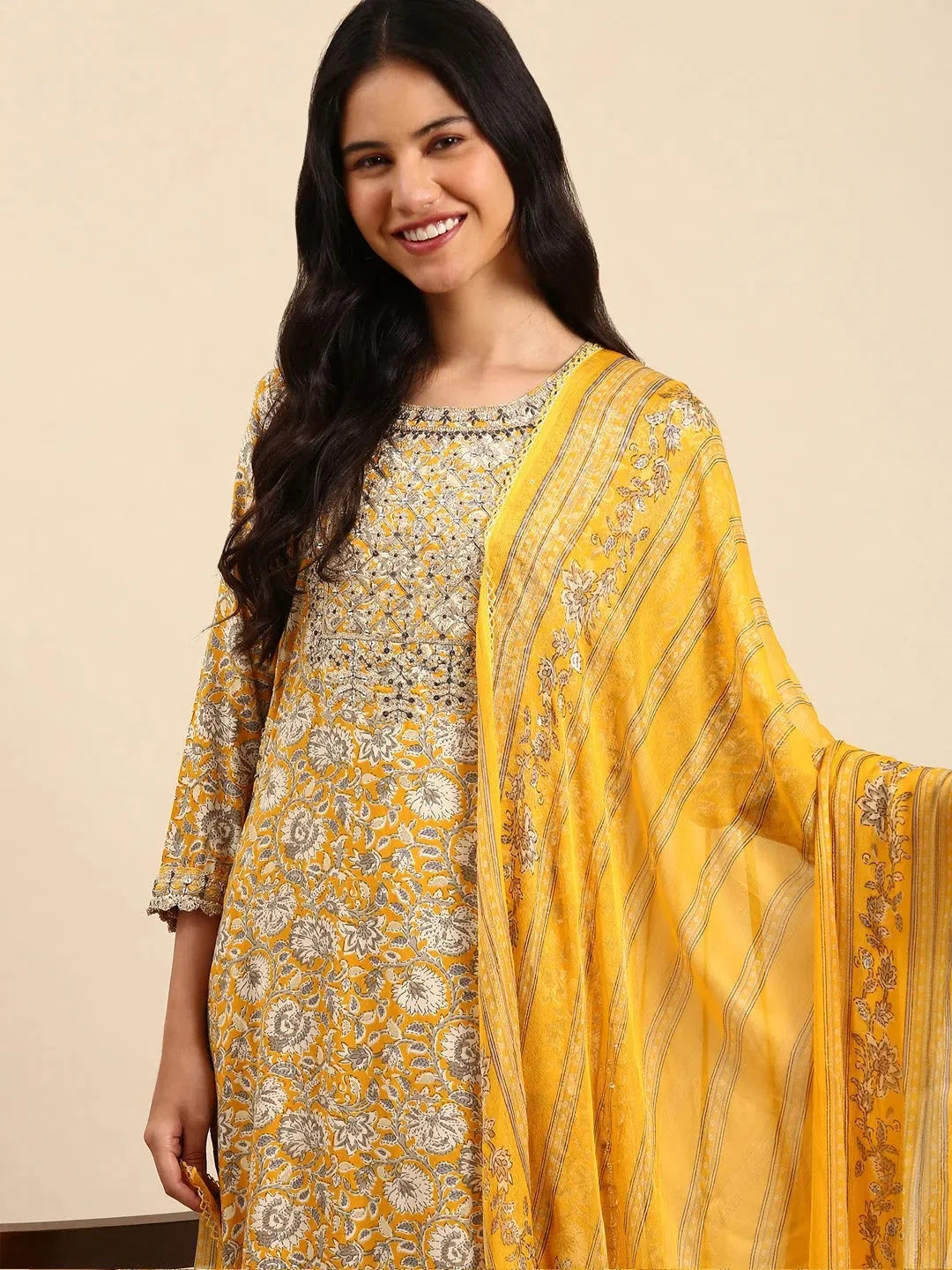 Yellow Printed Cotton Kurta Sets for Women | Indian Kurta Sets
